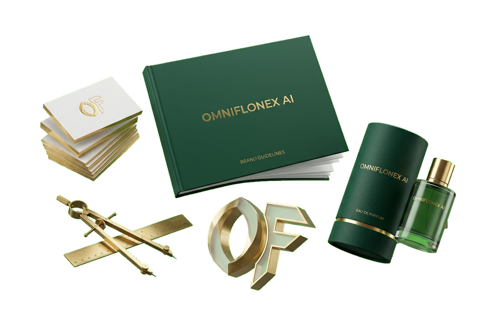 OmniflonexAi Luxury Brand Identity Suite — Hardcover Brand Guidelines Manual, Gilded Cotton Business Cards, 3D Monogram Sculpture, Brass Drafting Tools, and Bespoke Packaging resting directly on hero surface