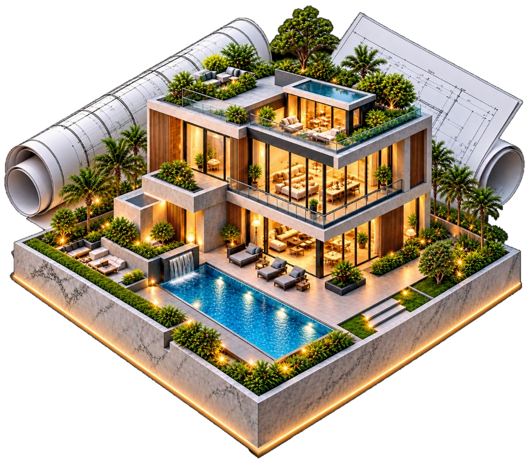 OmniflonexAi Luxury Villa Architectural Visualization 3D Isometric Showcase